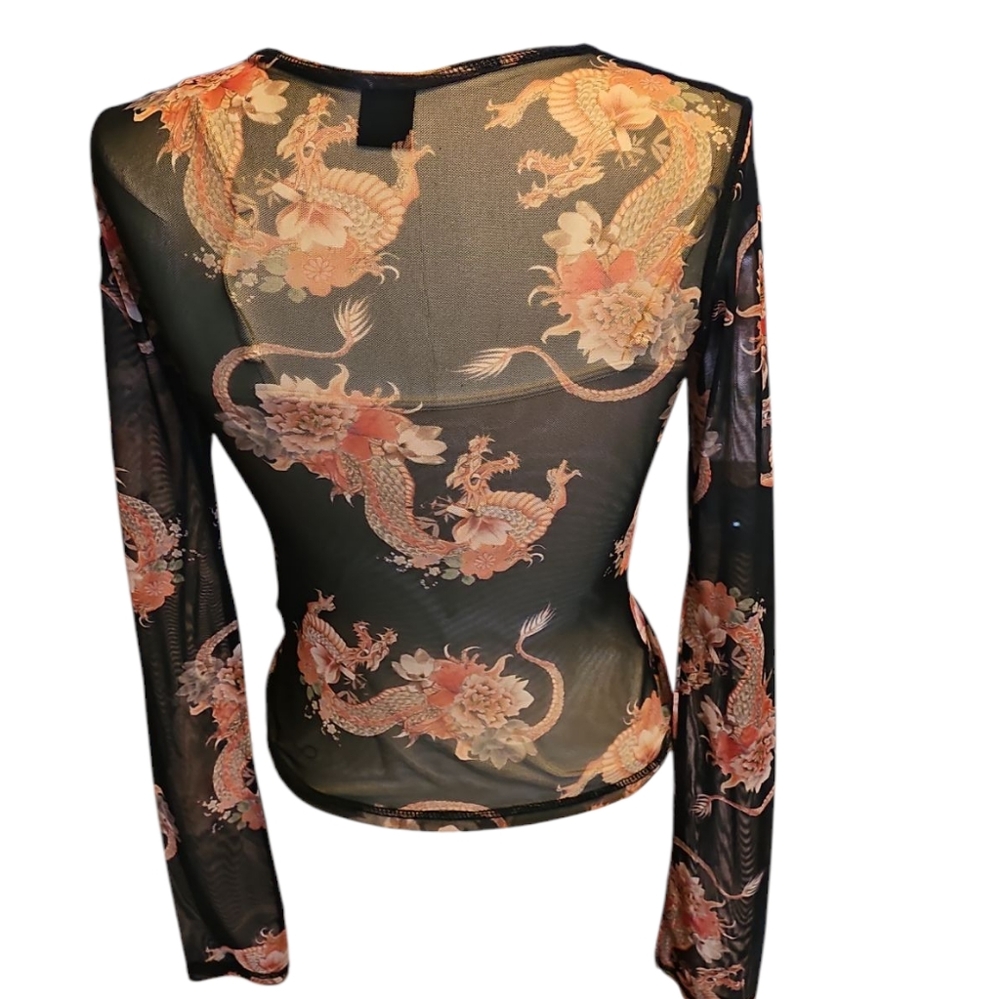 Sheer Black and Orange Dragon Print Top - Picture 2 of 6